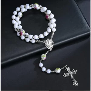 Catholic Necklace, White Rosary with 6 Ceramic Beads: A Beautiful Expression of Faith and Devotion