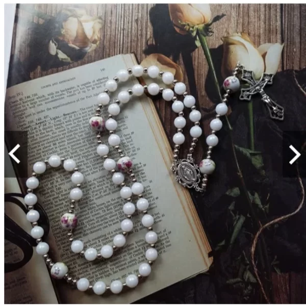 Catholic Necklace, White Rosary with 6 Ceramic Beads: A Beautiful Expression of Faith and Devotion