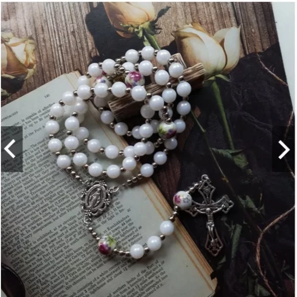 Catholic Necklace, White Rosary with 6 Ceramic Beads: A Beautiful Expression of Faith and Devotion